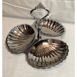 Scalloped Silver Colored Shell Serving Tray Three Sections Handle Hong Kong VG
